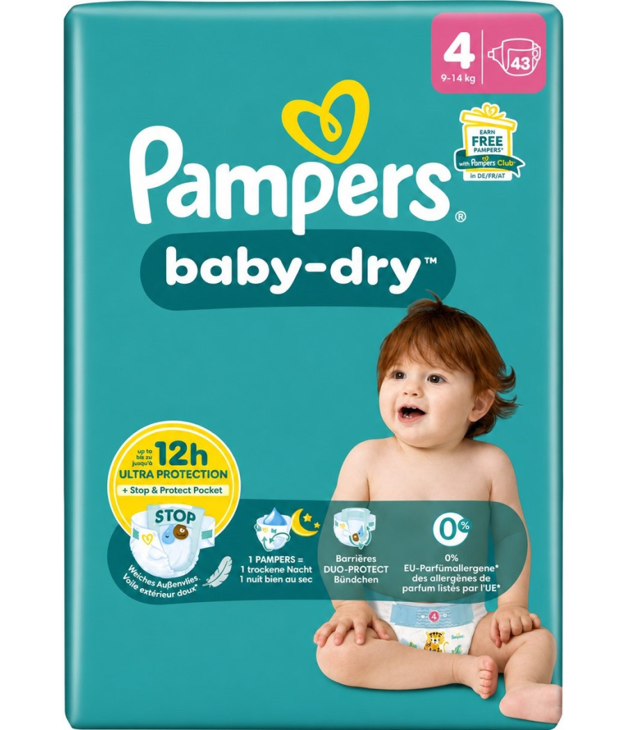 COUCHES BEBES BABY-DRY TAILLE 4 PAMPERS 9-14KG X43