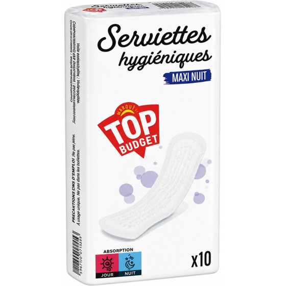 SERVIETTES HYGIÉNIQUES TOP BUDGET MAXI NUIT X10