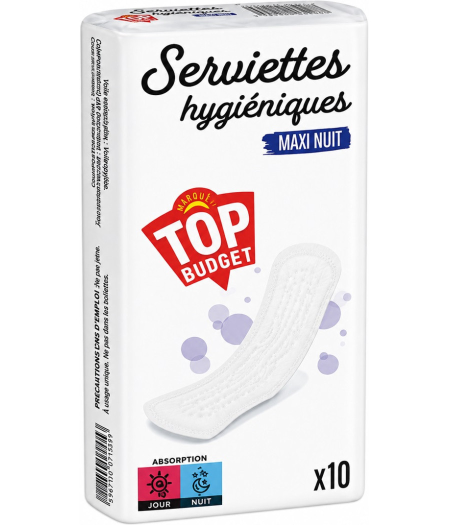 SERVIETTES HYGIÉNIQUES TOP BUDGET MAXI NUIT X10