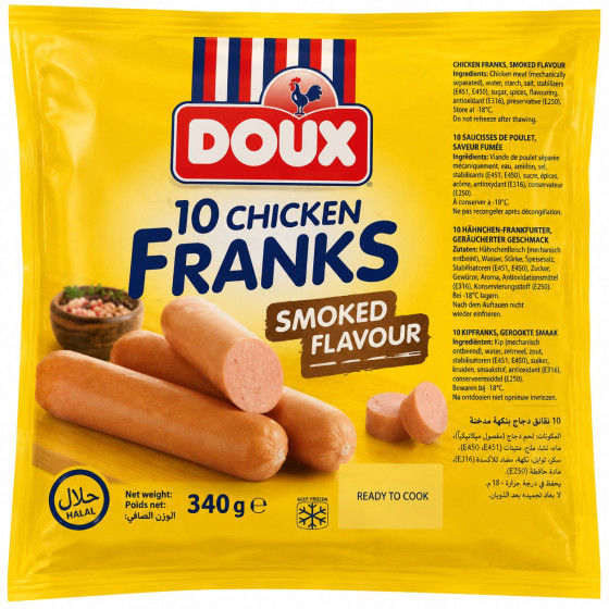 SAUCISSES DOUX 10 CHICKEN FRANKS SMOKED FLAVOUR 340G