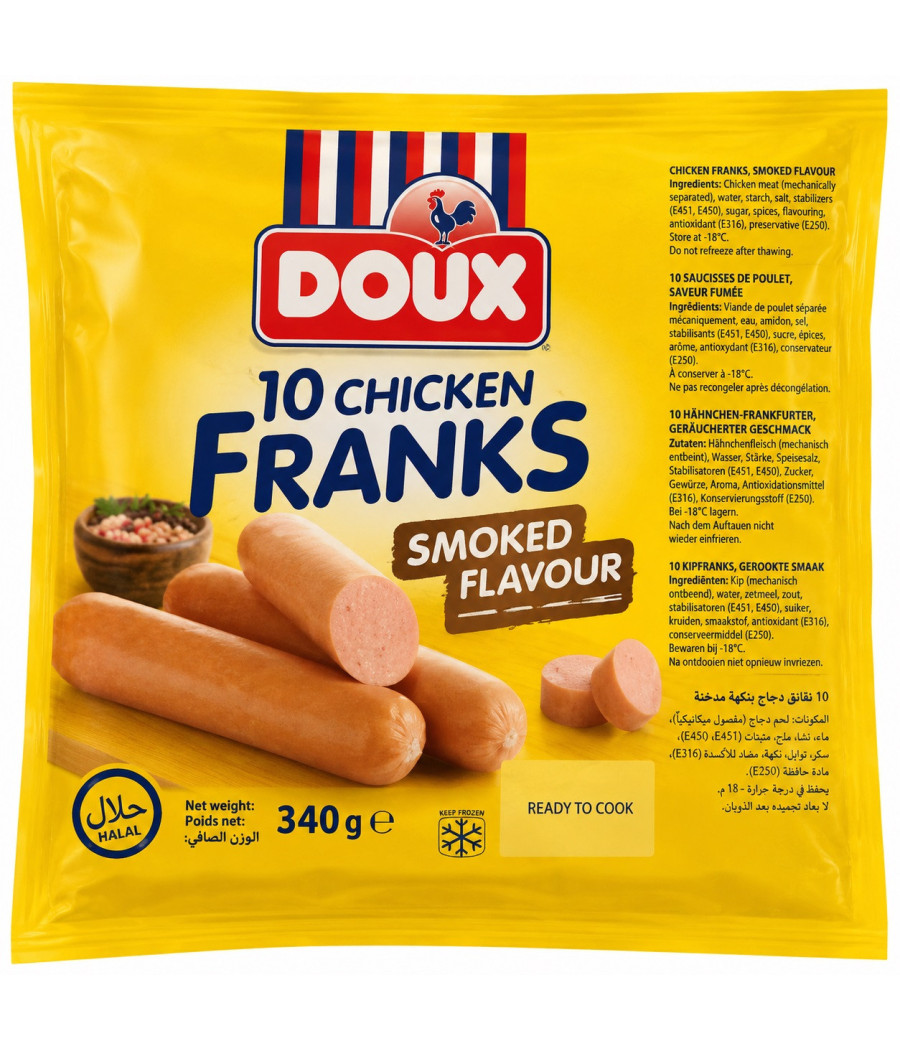 SAUCISSES DOUX 10 CHICKEN FRANKS SMOKED FLAVOUR 340G