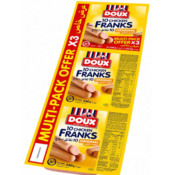 SAUCISSES DOUX 10 CHICKEN FRANKS ORIGINAL 3 X 340G