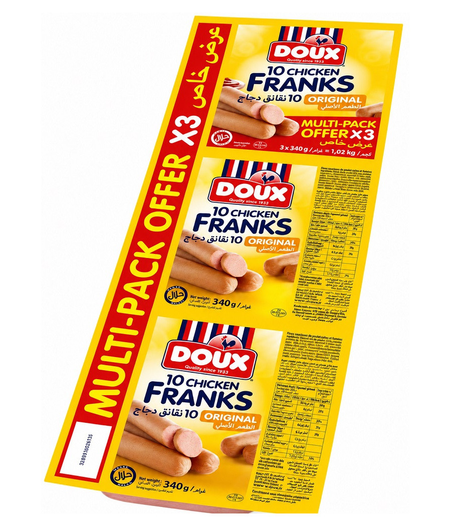 SAUCISSES DOUX 10 CHICKEN FRANKS ORIGINAL 3 X 340G