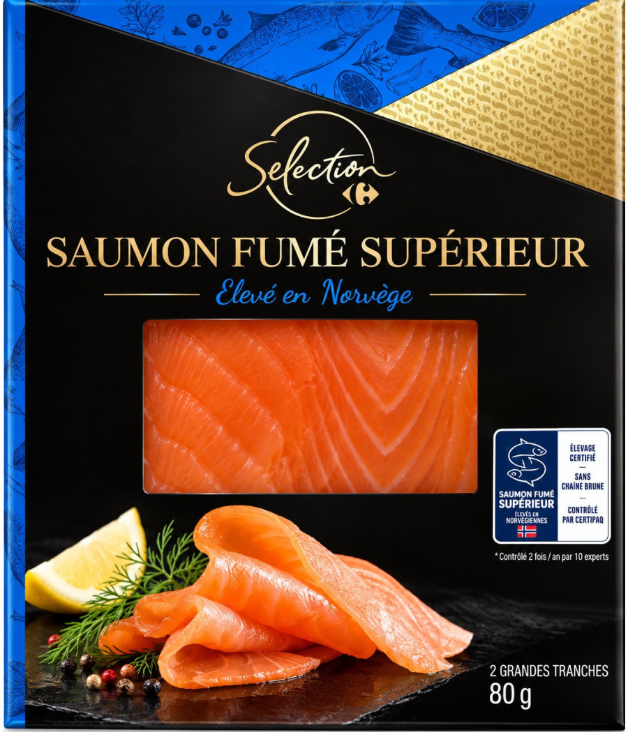 SAUMON FUME SUPERIEUR DE NORVEGE SÉLECTION CARREFOU 80G