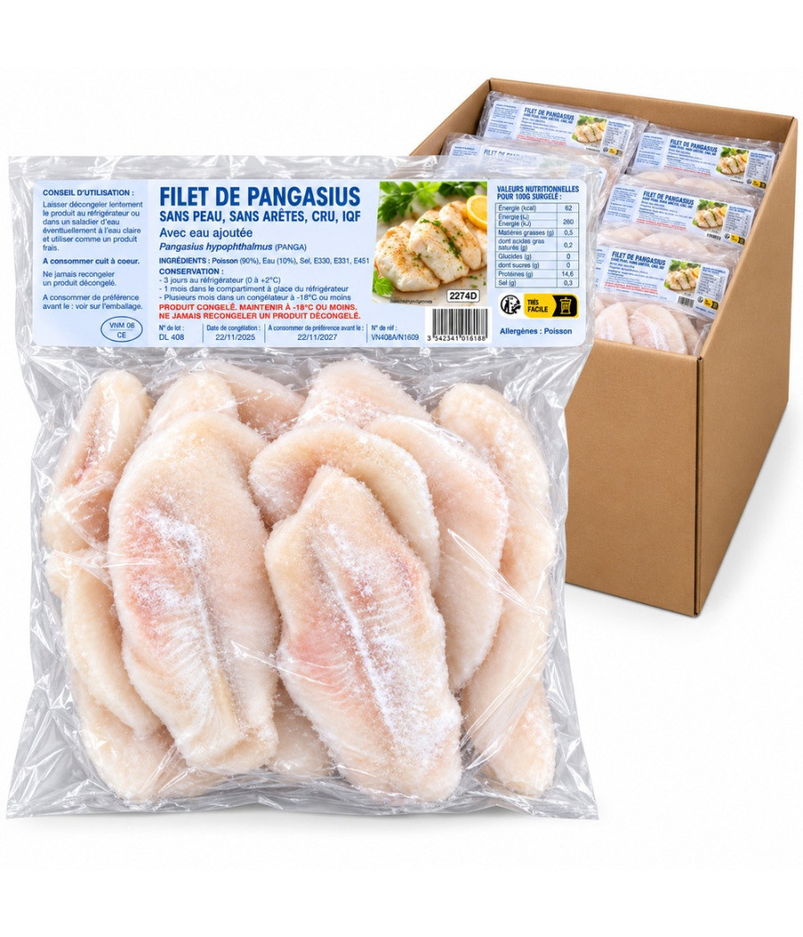 FILETS DE PANGASIUS SURGELÉS 130/180 G CARTON 4X2,25 KG (9 KG)