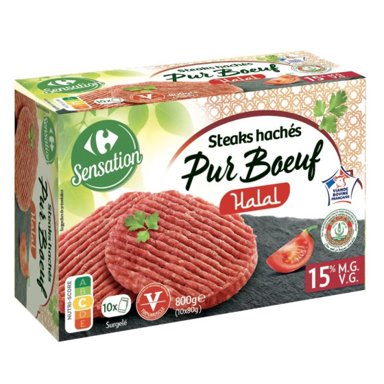 STEAKS HACHES 15% MG HALAL CARREFOUR SENSATION 10X80G 800G