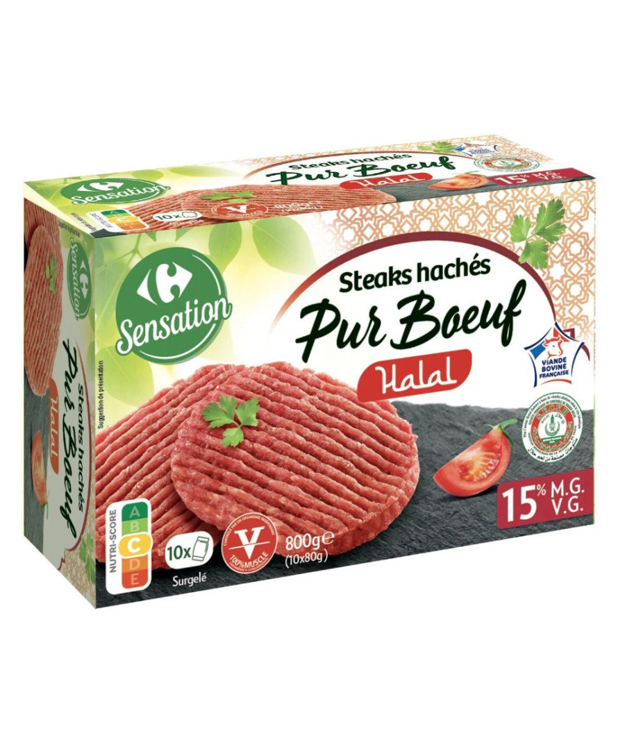 STEAKS HACHES 15% MG HALAL CARREFOUR SENSATION 10X80G 800G