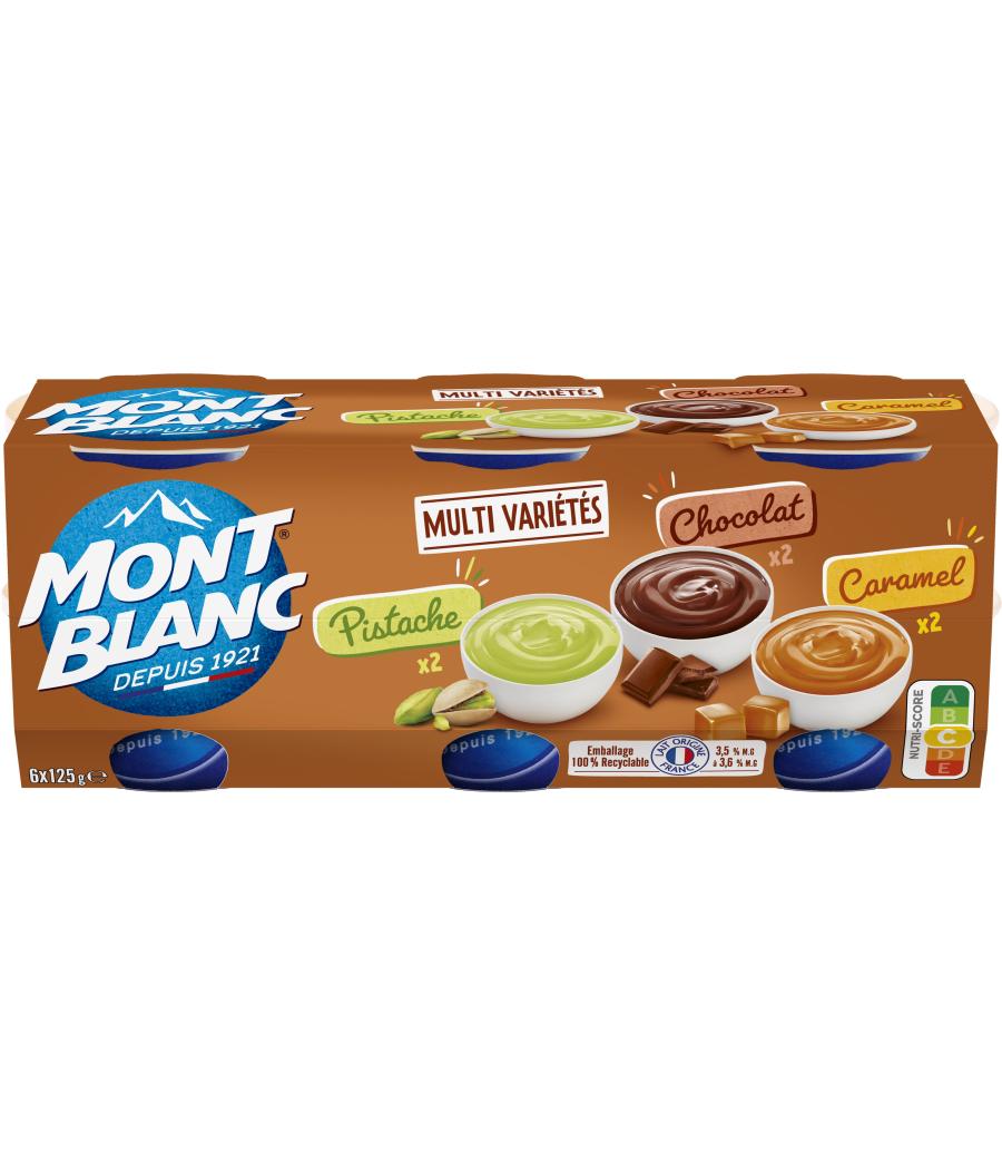 MONT BLANC CREME DESSERT COUPELLES CARAMEL, CHOCOLAT, PISTACHE 6X125G 750 G