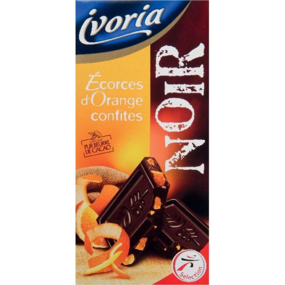 TABLETTE DE CHOCOLAT NOIR ÉCORCES D'ORANGE CONFITES IVORIA 200G