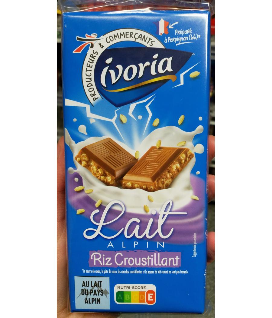TABLETTE DE CHOCOLAT LAIT RIZ CROUSTILLANT IVORIA 100G