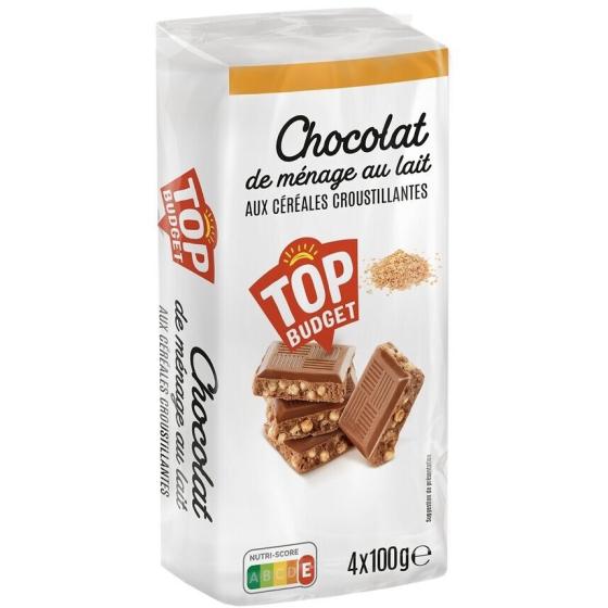 TABLETTE CHOCOLAT AU LAIT AUX CEREALES CROUSTILLANTES  TOP BUDGET 4X100G
