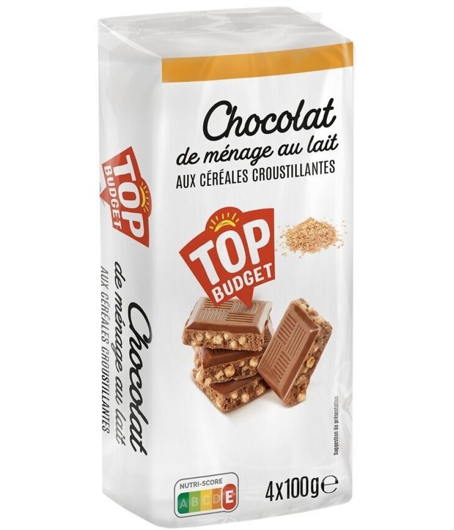 TABLETTE CHOCOLAT AU LAIT AUX CEREALES CROUSTILLANTES  TOP BUDGET 4X100G