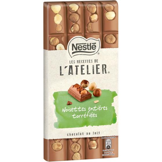 TABLETTE DE CHOCOLAT AU LAIT NOISETTES TORREFIEES  ENTIERES L'ATELIER NESTLE 195G