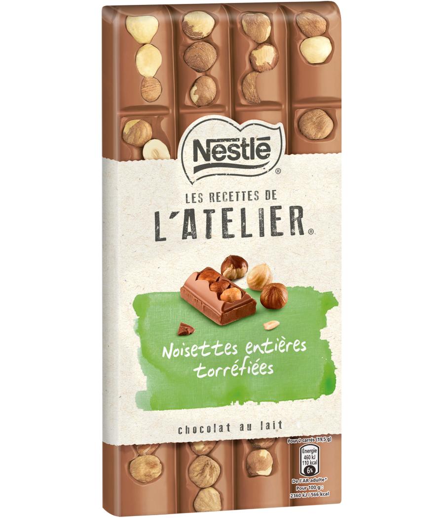 TABLETTE DE CHOCOLAT AU LAIT NOISETTES TORREFIEES  ENTIERES L'ATELIER NESTLE 195G