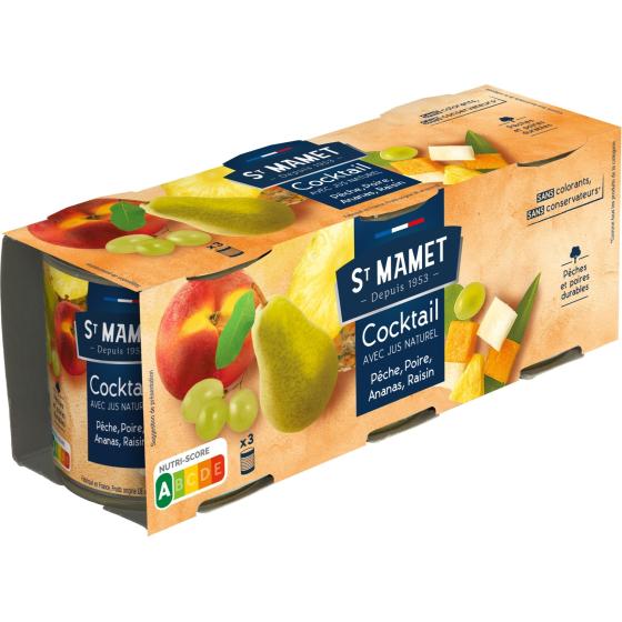 COCKTAIL DE FRUITS AVEC JUS NATUREL PECHE, POIRE, ANANAS, RAISIN ST MAMET 3X 212G