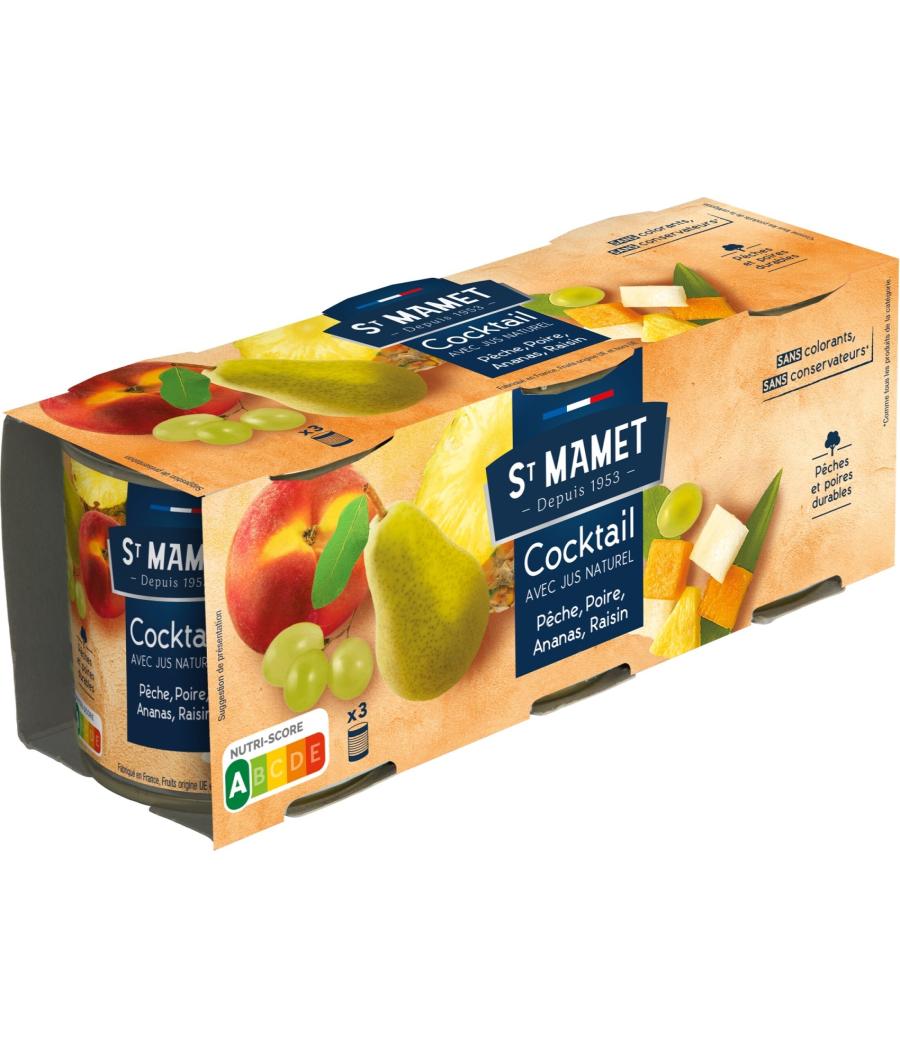 COCKTAIL DE FRUITS AVEC JUS NATUREL PECHE, POIRE, ANANAS, RAISIN ST MAMET 3X 212G