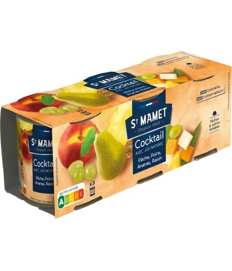 COCKTAIL DE FRUITS AVEC JUS NATUREL PECHE, POIRE, ANANAS, RAISIN ST MAMET 3X 212G