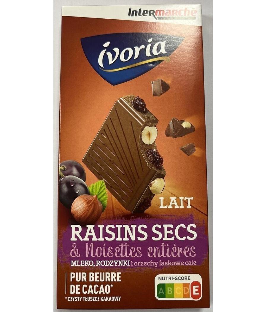 TABLETTE BLOC CHOCOLAT AU LAIT AUX RAISINS ET NOISETTES ENTIERES IVORIA 200G