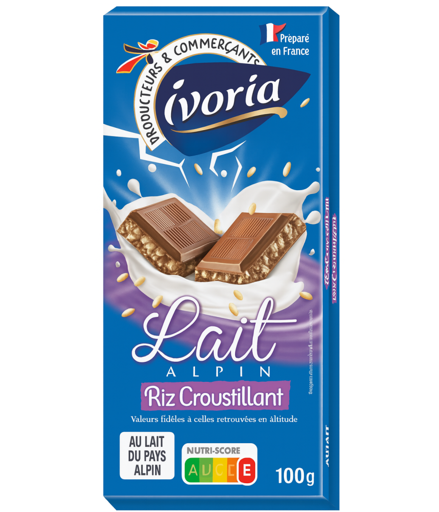 TABLETTE DE CHOCOLAT LAIT RIZ CROUSTILLANT IVORIA 100G