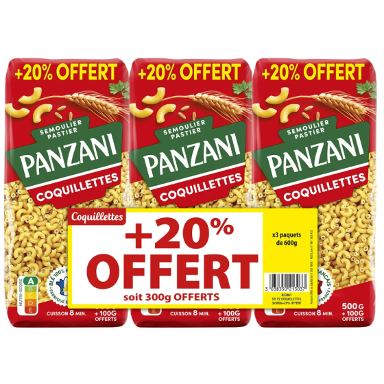 PATES PANZANI COQUILLETTES 3 PAQUETS 500G + 20% GRATUITS