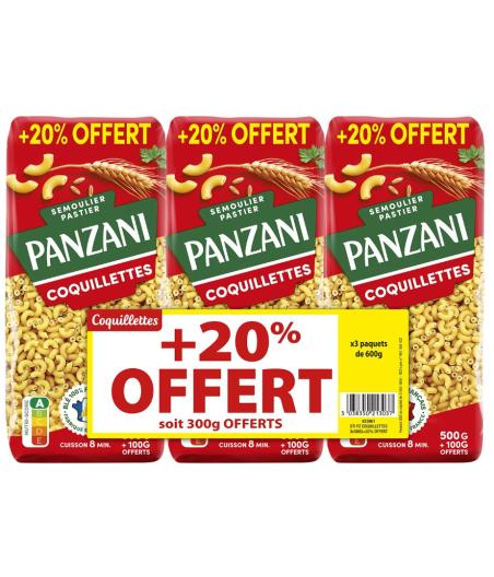 PATES PANZANI COQUILLETTES 3 PAQUETS 500G + 20% GRATUITS