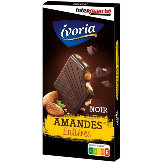 TABLETTE BLOC CHOCOLAT NOIR AUX AMANDES ENTIERES IVORIA INTERMARCHE 200G