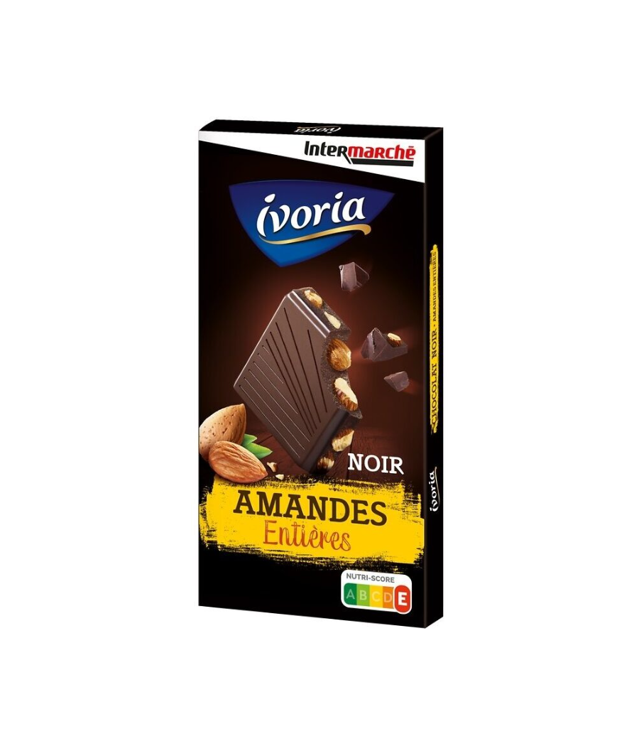 TABLETTE BLOC CHOCOLAT NOIR AUX AMANDES ENTIERES IVORIA INTERMARCHE 200G