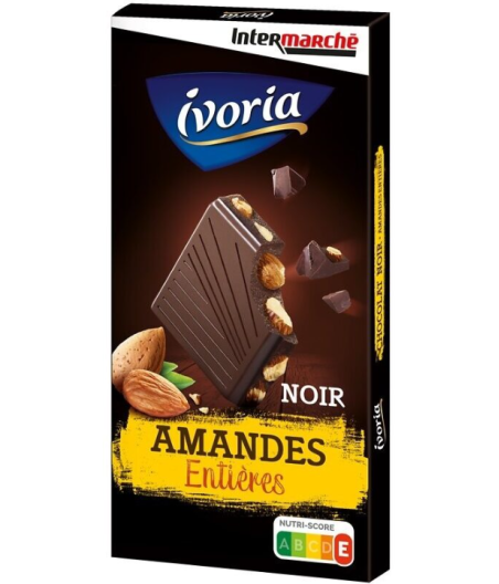 TABLETTE BLOC CHOCOLAT NOIR AUX AMANDES ENTIERES IVORIA INTERMARCHE 200G