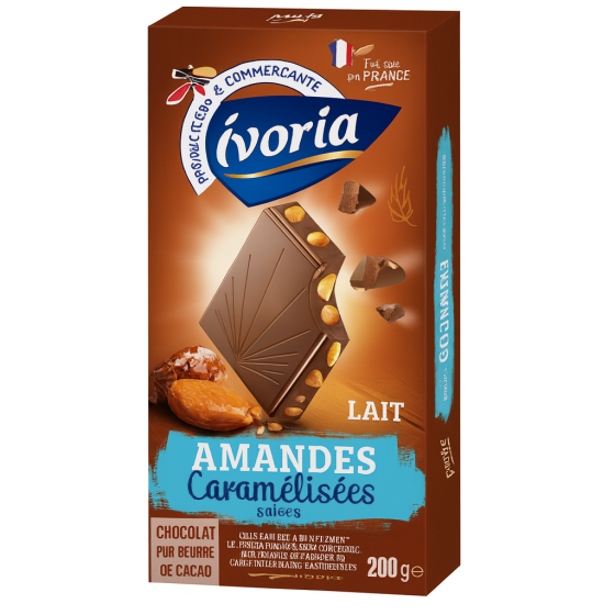 TABLETTE BLOC CHOCOLAT AU LAIT AUX AMANDES CARAMELISEES POINTE DE SEL IVORIA  200G
