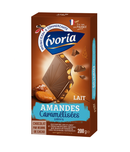 TABLETTE BLOC CHOCOLAT AU LAIT AUX AMANDES CARAMELISEES POINTE DE SEL IVORIA  200G
