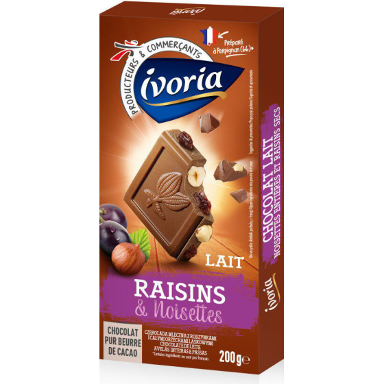 TABLETTE BLOC CHOCOLAT AU LAIT AUX RAISINS ET NOISETTES ENTIERES IVORIA 200G