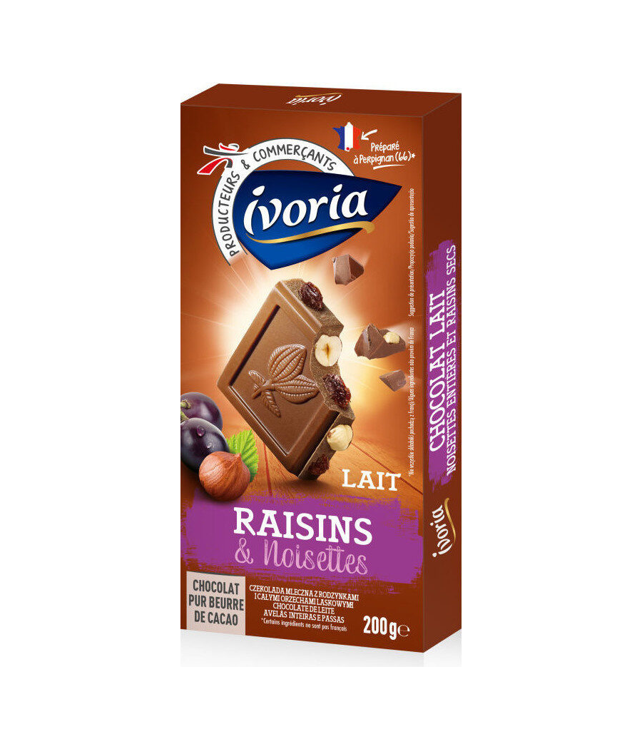 TABLETTE BLOC CHOCOLAT AU LAIT AUX RAISINS ET NOISETTES ENTIERES IVORIA 200G