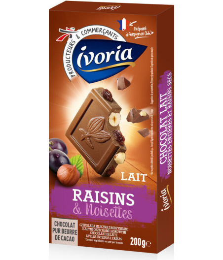 TABLETTE BLOC CHOCOLAT AU LAIT AUX RAISINS ET NOISETTES ENTIERES IVORIA 200G