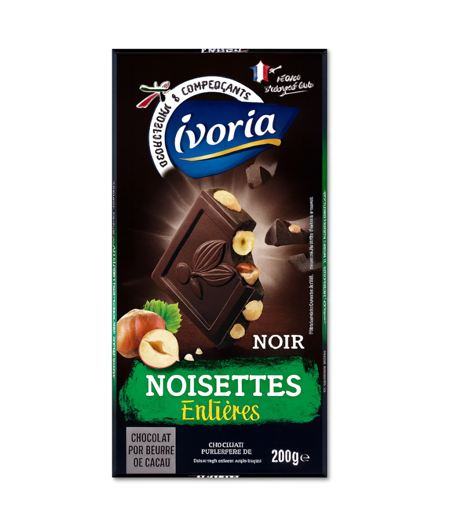 TABLETTE BLOC CHOCOLAT NOIR AUX NOISETTES ENTIERES 200G