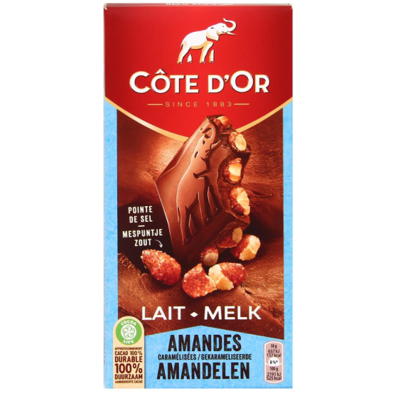 CHOCOLAT AU LAIT ET AUX AMANDES CARAMELISEES  COTE D'OR 180G