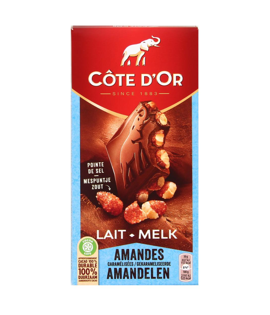 CHOCOLAT AU LAIT ET AUX AMANDES CARAMELISEES  COTE D'OR 180G