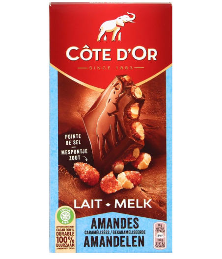 CHOCOLAT AU LAIT ET AUX AMANDES CARAMELISEES  COTE D'OR 180G