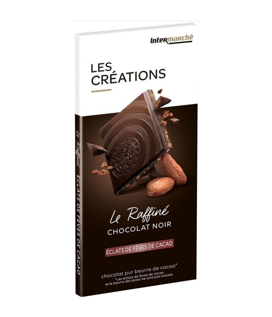 TABLETTE   CHOCOLAT NOIR AUX ECLATS DE FEVES DE CACAO INTERMARCHE  100G