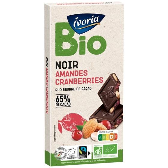 TABLETTE DE CHOCOLAT NOIR AUX AMANDES ET AUX CRANBERRIES BIO IVORIA 200G