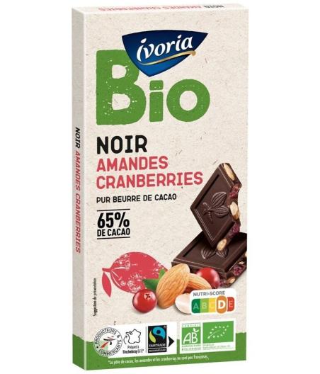 TABLETTE DE CHOCOLAT NOIR AUX AMANDES ET AUX CRANBERRIES BIO IVORIA 200G