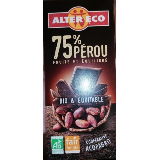 TABLETTE DE CHOCOLAT NOIR 75% PEROU ALTER ECO 100G
