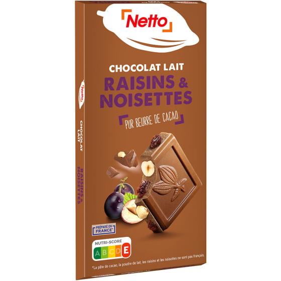 TABLETTE DE CHOCOLAT AU LAIT AUX RAISINS ET NOISETTES ENTIERES NETTO 200G