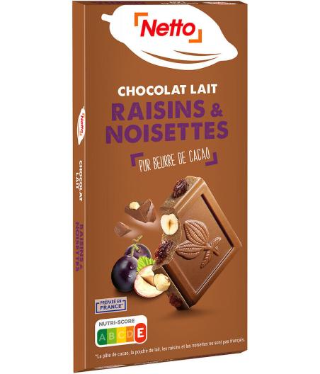 TABLETTE DE CHOCOLAT AU LAIT AUX RAISINS ET NOISETTES ENTIERES NETTO 200G