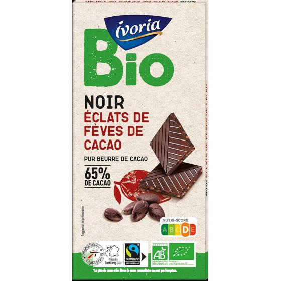 TABLETTE DE CHOCOLAT NOIR BIO AUX ECLATS DE FEVES DE CACAO IVORIA  100G