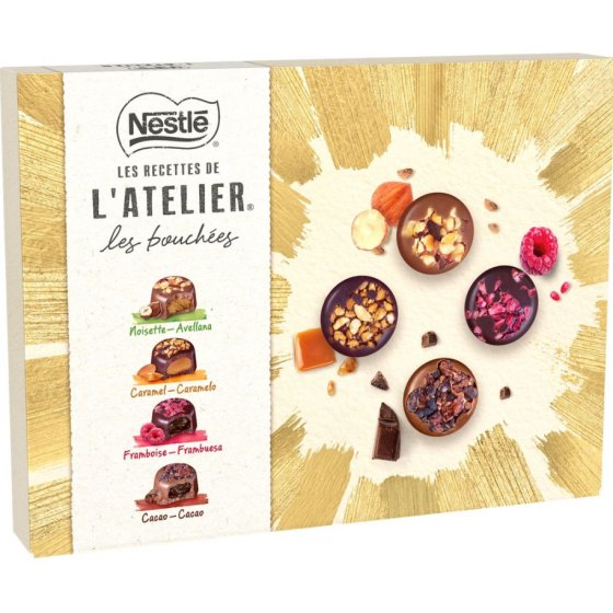 L’ATELIER LES BOUCHEES NOISETTE FRAMBOISE CARAMEL CACAO NESTLE 186G