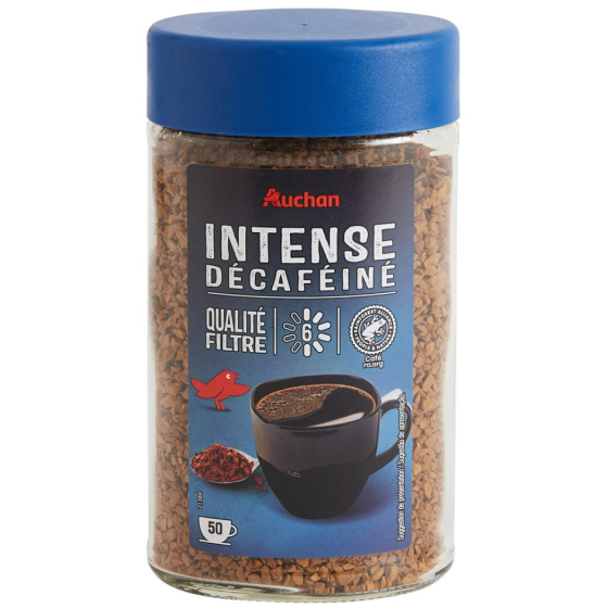 CAFE AUCHAN SOLUBLE DECAFEINE, PLANTEUR DES TROPIQUES, QUALITE FILTRE 100G