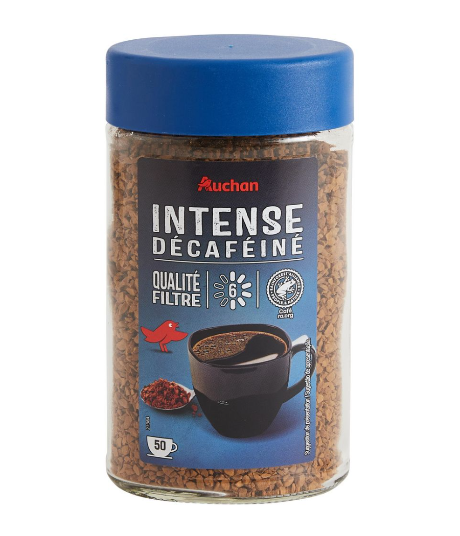 CAFE AUCHAN SOLUBLE DECAFEINE, PLANTEUR DES TROPIQUES, QUALITE FILTRE 100G