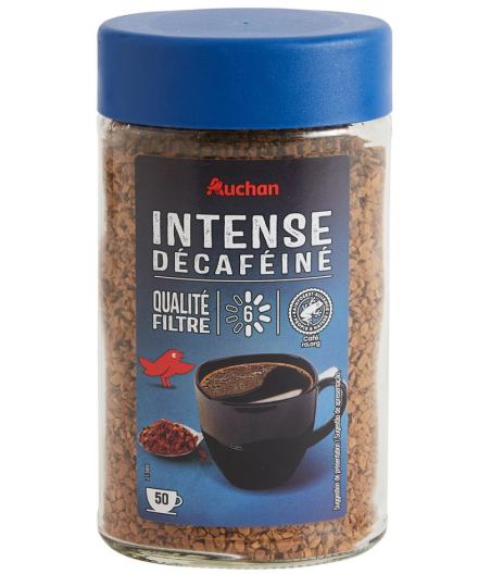 CAFE AUCHAN SOLUBLE DECAFEINE, PLANTEUR DES TROPIQUES, QUALITE FILTRE 100G