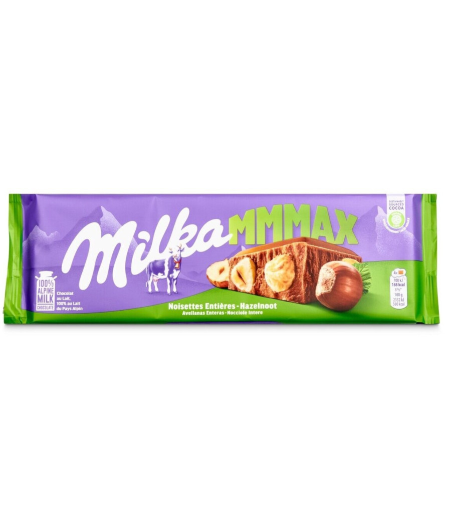 TABLETTE DE CHOCOLAT AU LAIT MILKA MMMAX NOISETTES ENTIERES 270G