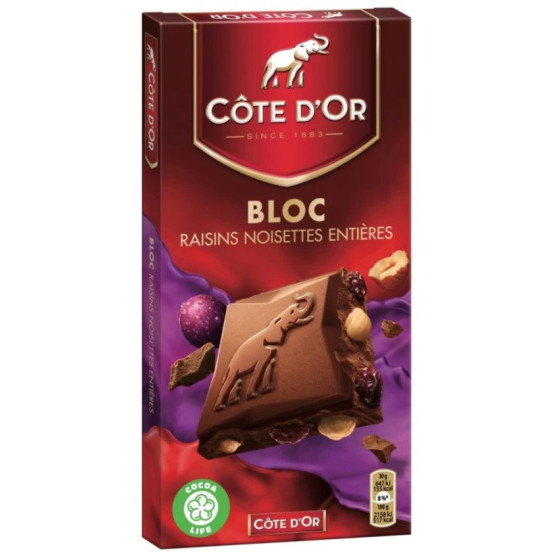 TABLETTE DE CHOCOLAT AU LAIT RAISIN NOISET COTE D'OR 180G